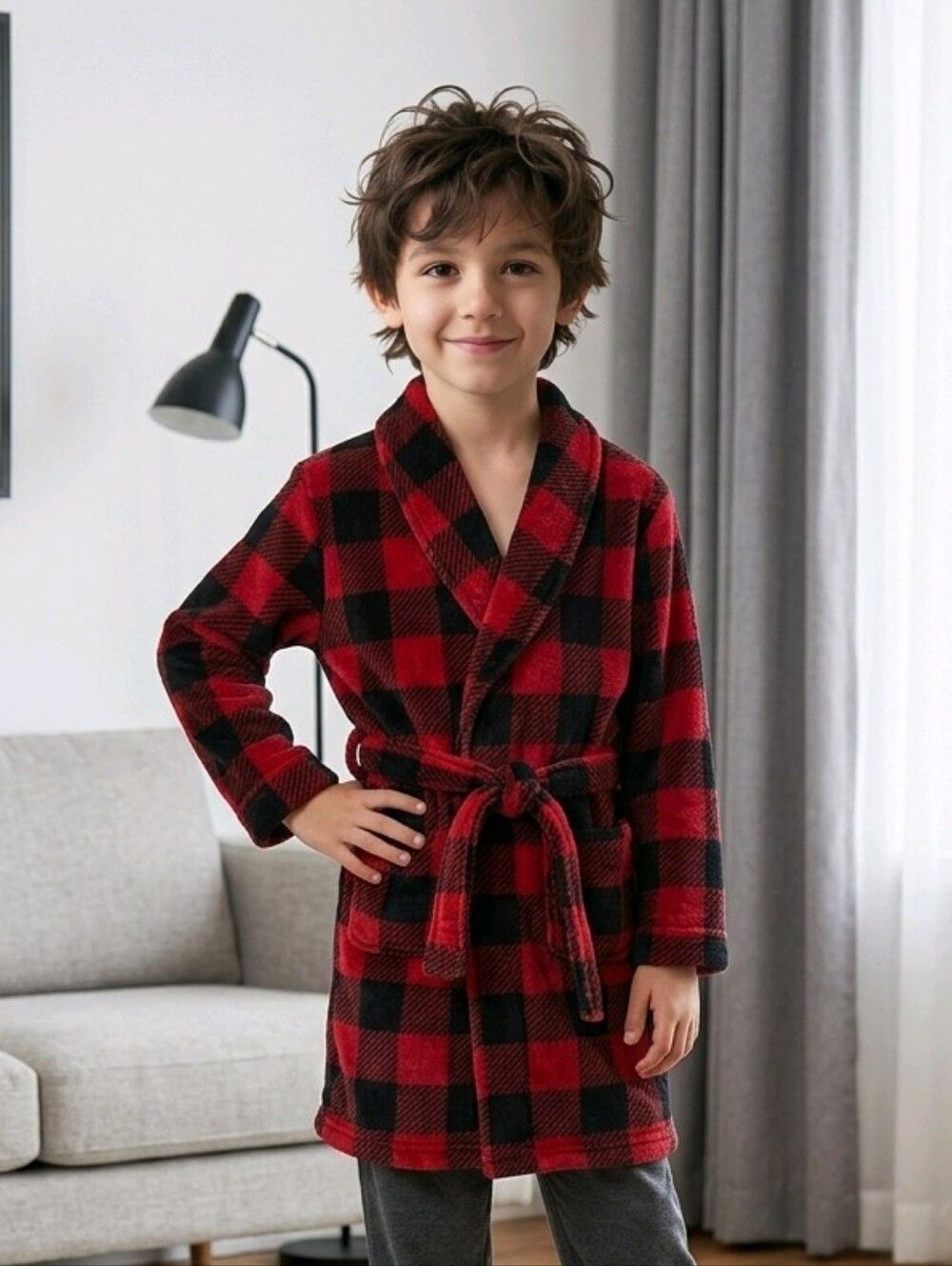 Cuddl Duds Kids Chill Chaser Red Black Buffalo Plaid Child Robe Faux Fur Plush